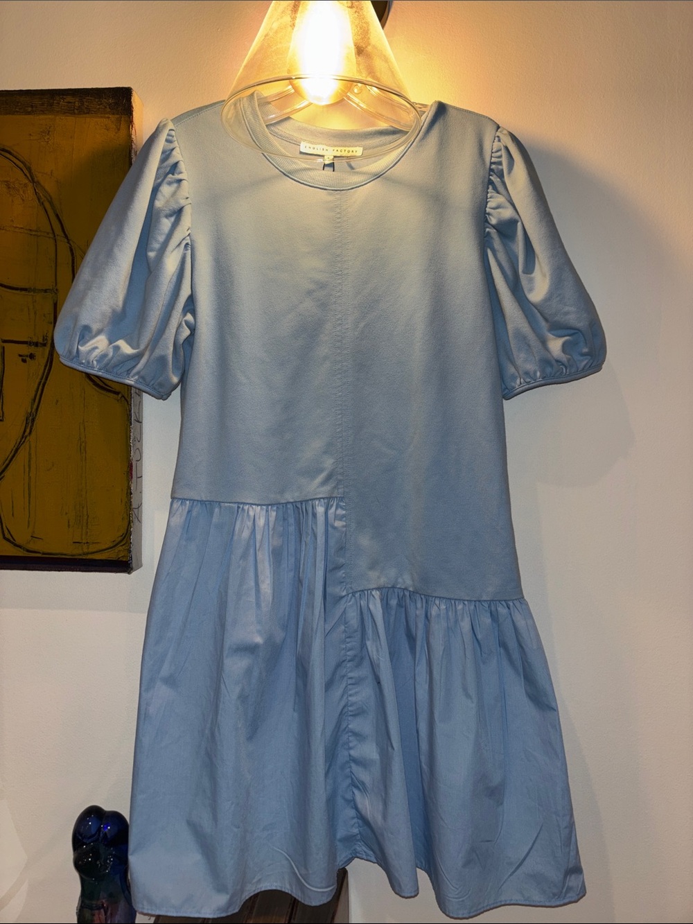 English Factory Light Blue Puff Sleeve Mini Dress